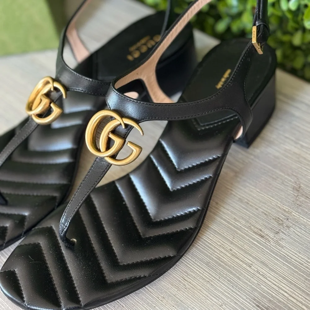 New Gucci Marmont Black Leather GG Sandals - Picture 4 of 9